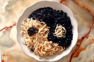 Organic pasta...arranged into "yin yang" anagram style...reflects the balance needed for a happy relationship...n of course the balance of taste in good food too...hehe... 
